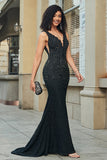 Sparkly Mermaid Deep V Neck Black Lace Long Ball Dress with Beading