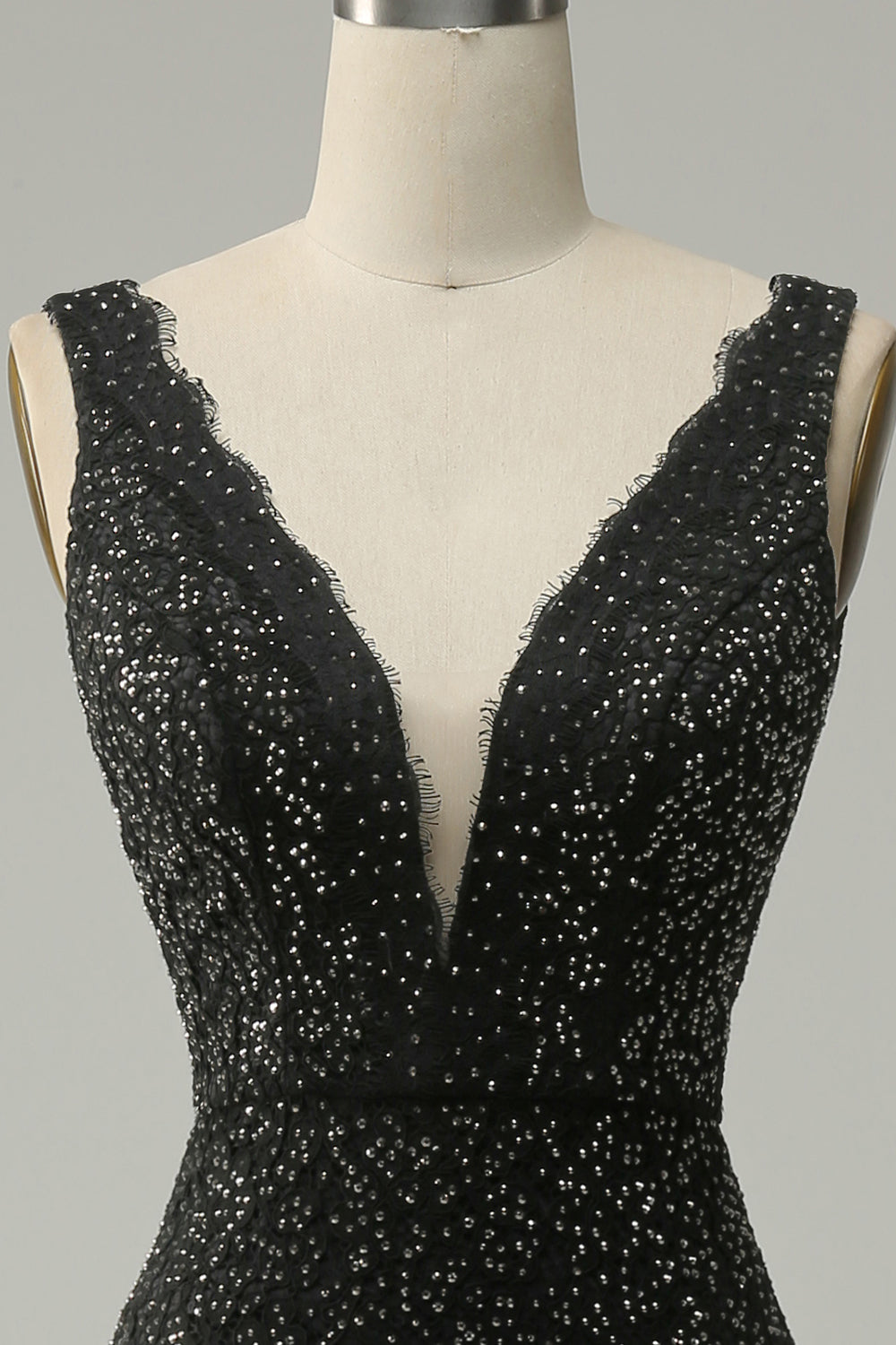 Mermaid Deep V Neck Black Lace Long Ball Dress with Beading