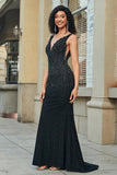 Sparkly Mermaid Deep V Neck Black Lace Long Ball Dress with Beading