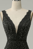Mermaid Deep V Neck Black Lace Long Ball Dress with Beading