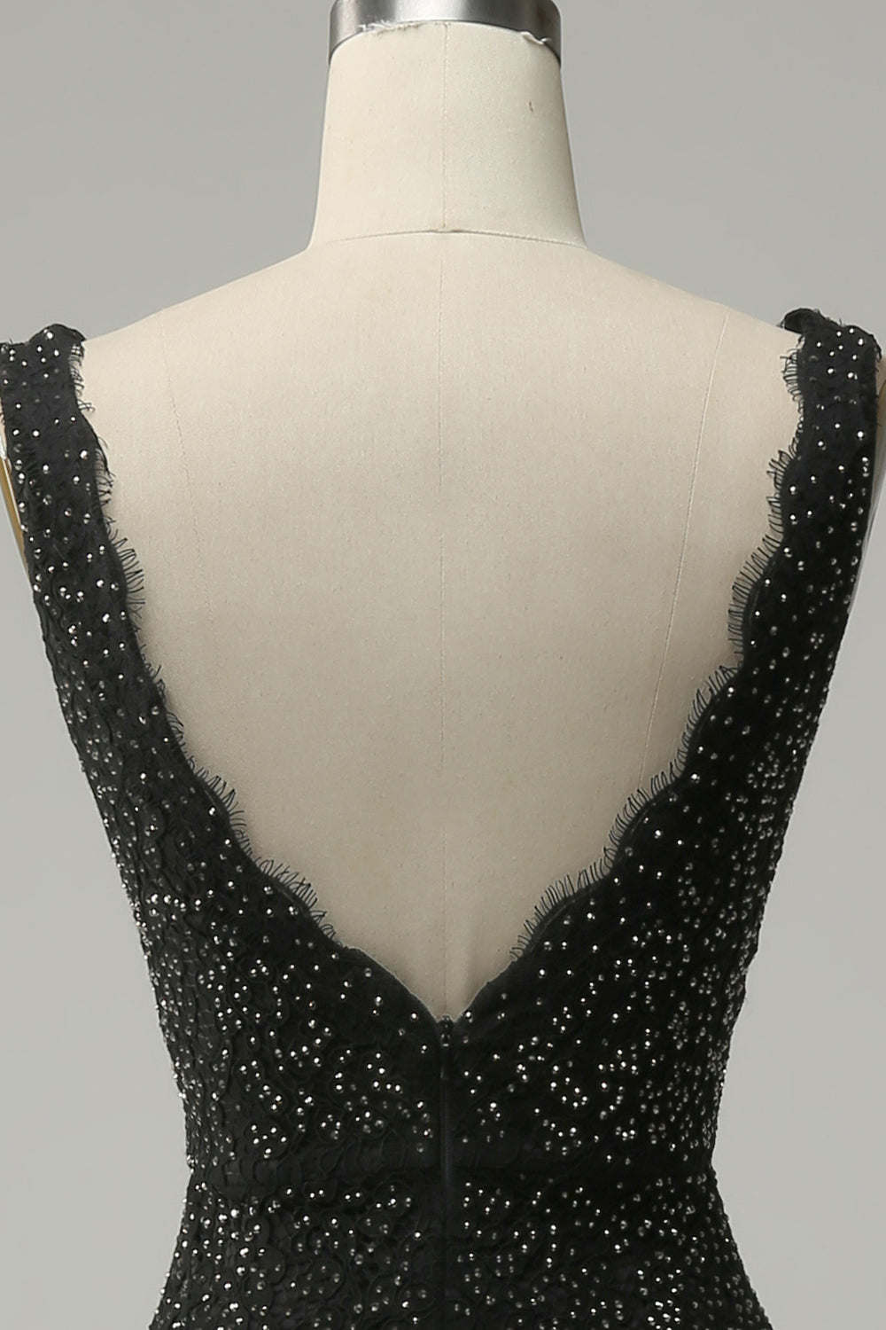 Mermaid Deep V Neck Black Lace Long Ball Dress with Beading