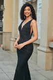 Sparkly Mermaid Deep V Neck Black Lace Long Ball Dress with Beading
