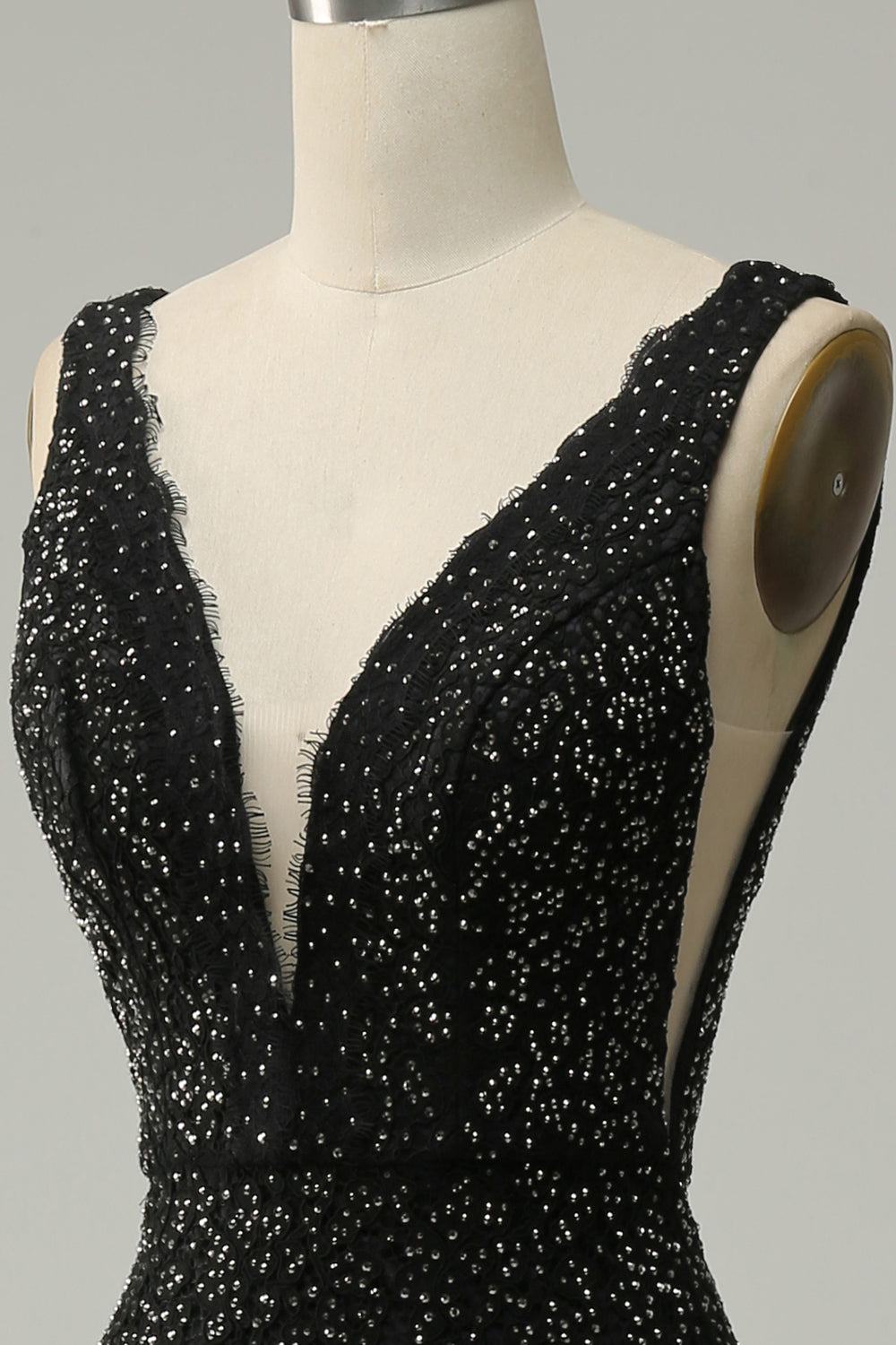 Mermaid Deep V Neck Black Lace Long Ball Dress with Beading