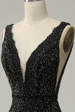 Mermaid Deep V Neck Black Lace Long Ball Dress with Beading