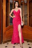 Sparkly Fuchsia Mermaid Spaghetti Straps V-Neck Sequin Long Ball Dress With Split