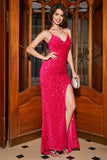 Sparkly Royal Blue Mermaid Spaghetti Straps V-Neck Sequin Long Ball Dress With Split