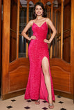 Sparkly Royal Blue Mermaid Spaghetti Straps V-Neck Sequin Long Ball Dress With Split