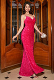 Sparkly Royal Blue Mermaid Spaghetti Straps V-Neck Sequin Long Ball Dress With Split