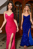Sparkly Royal Blue Mermaid Spaghetti Straps V-Neck Sequin Long Ball Dress With Split