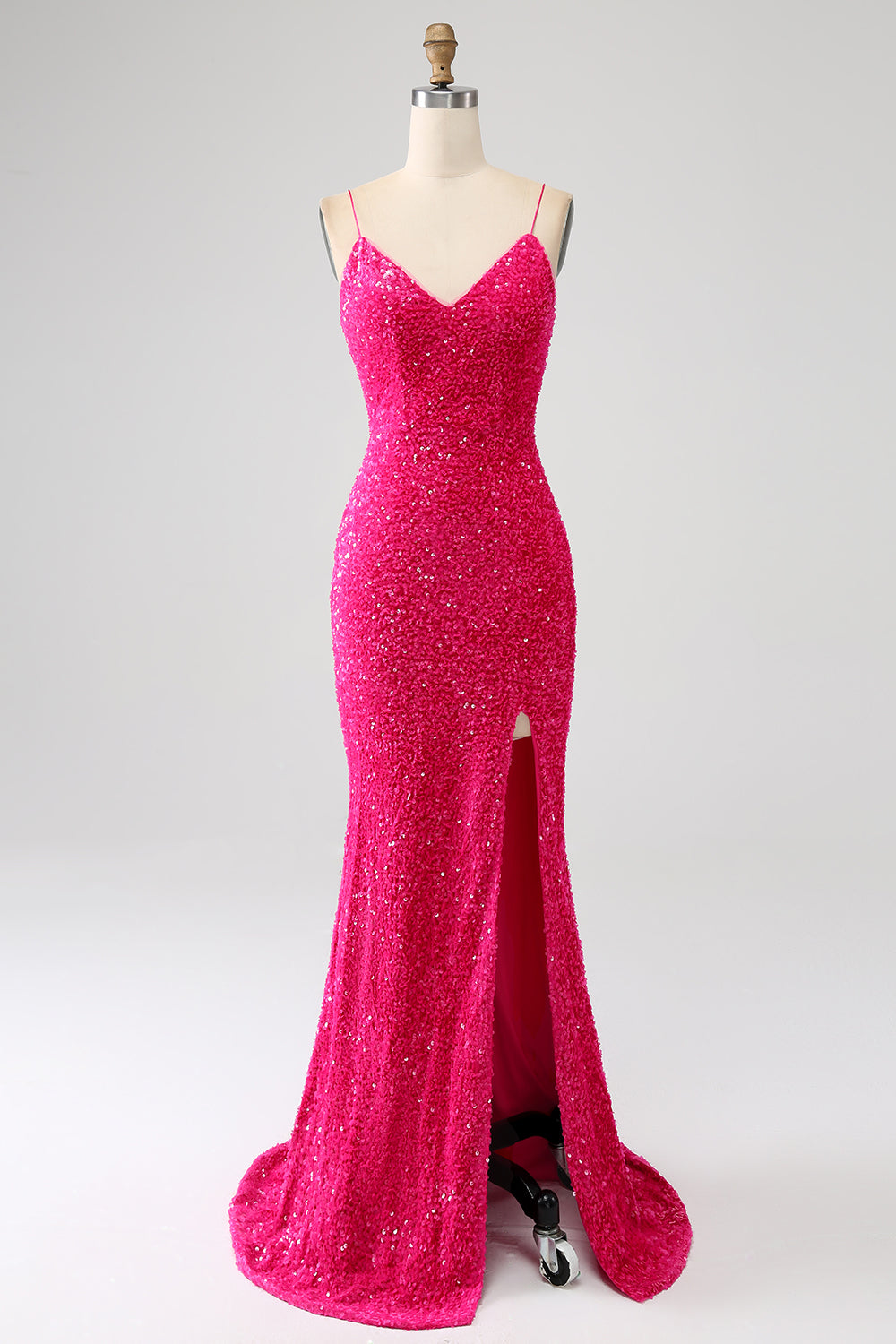Sparkly Fuchsia Mermaid Spaghetti Straps V-Neck Sequin Long Ball Dress With Split
