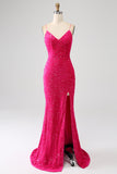 Fuchsia Mermaid Spaghetti Straps V-Neck Sequin Ball Dress With Split