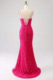 Sparkly Fuchsia Mermaid Spaghetti Straps V-Neck Sequin Long Ball Dress With Split