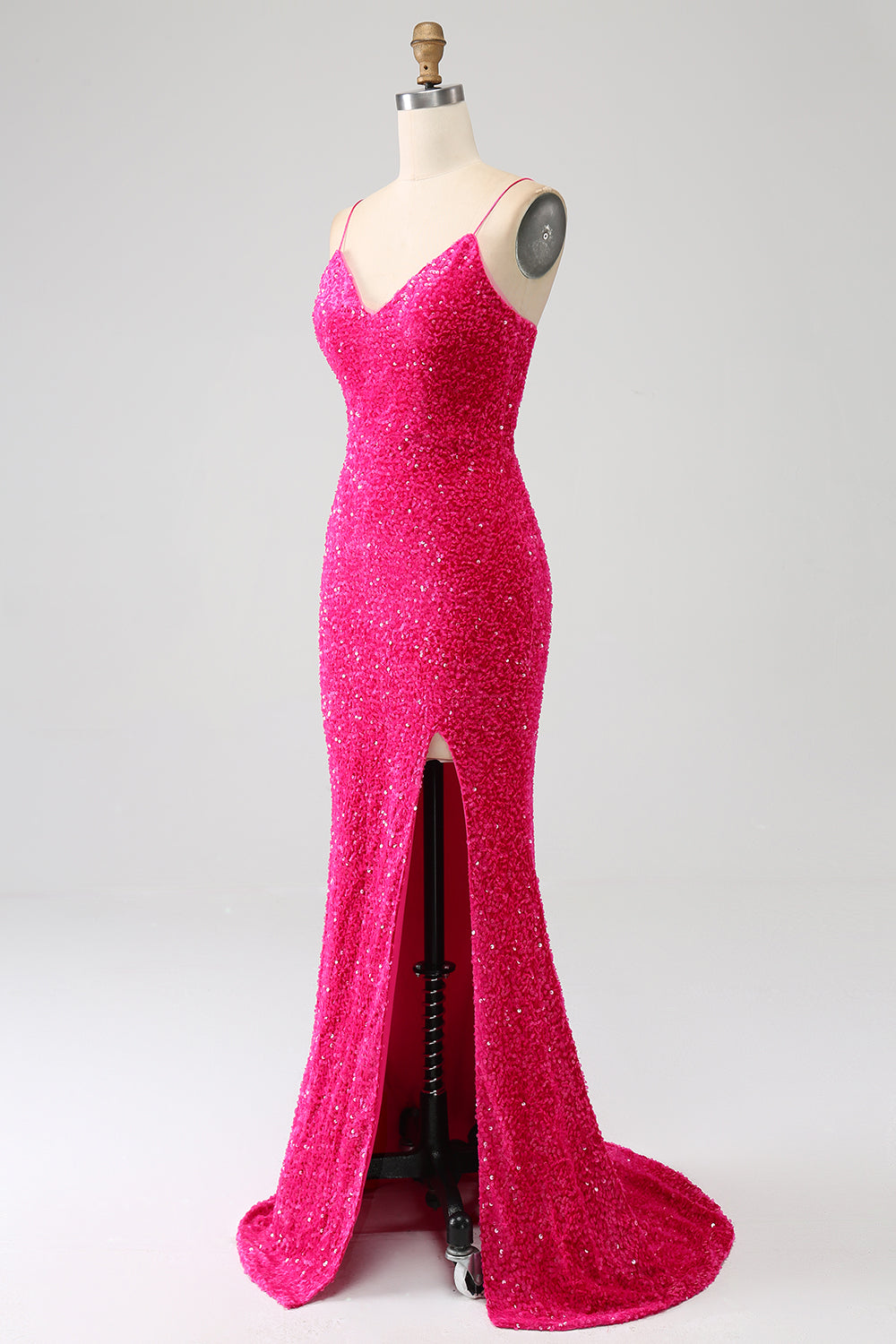 Fuchsia Mermaid Spaghetti Straps V-Neck Sequin Ball Dress With Split