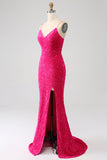 Black Mermaid Spaghetti Straps V-Neck Sequin Long Ball Dress With Split