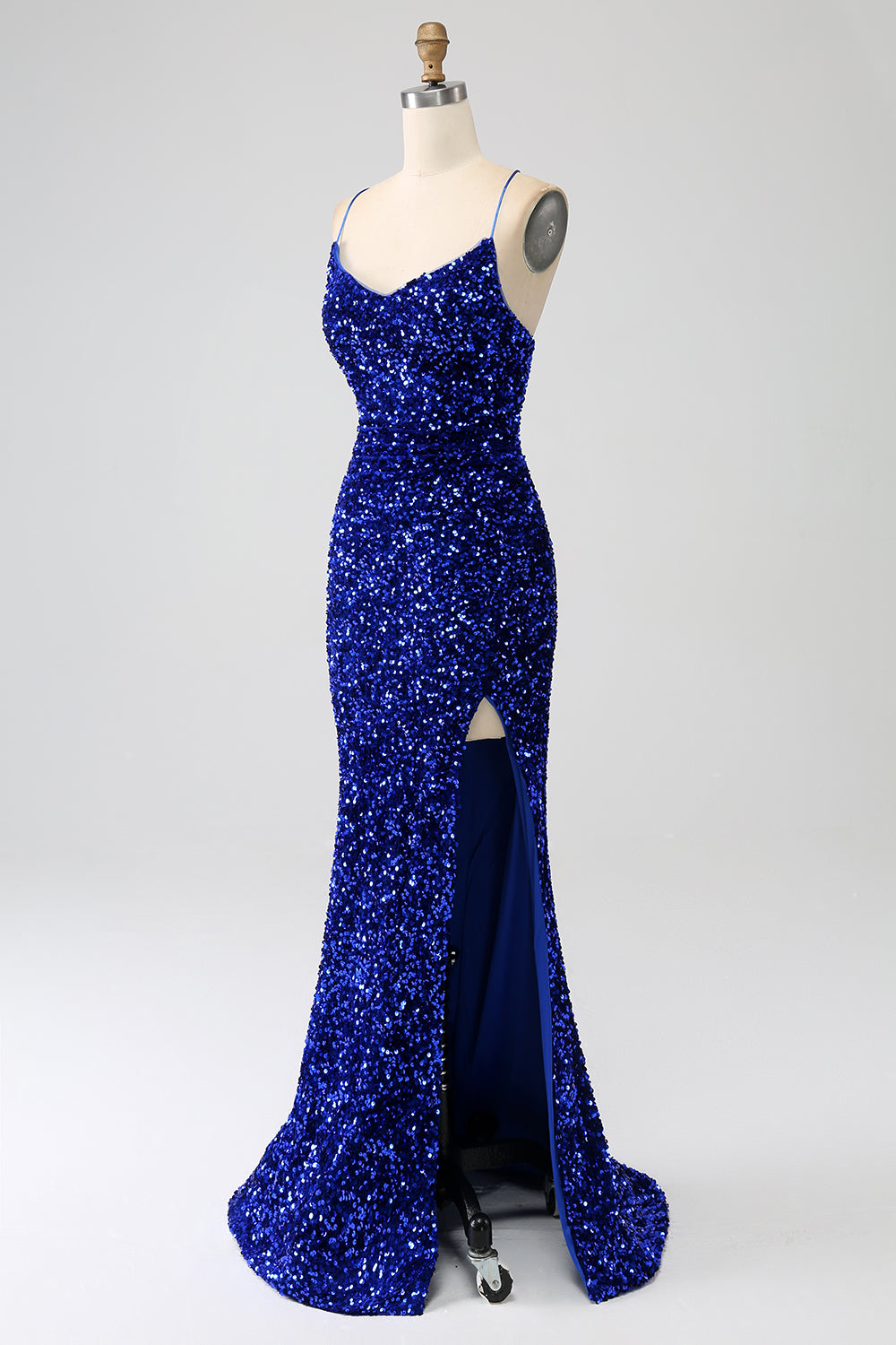 Black Mermaid Spaghetti Straps V-Neck Sequin Long Ball Dress With Split