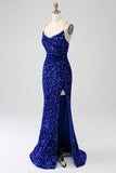 Black Mermaid Spaghetti Straps V-Neck Sequin Long Ball Dress With Split