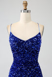 Black Mermaid Spaghetti Straps V-Neck Sequin Long Ball Dress With Split