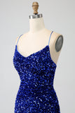 Black Mermaid Spaghetti Straps V-Neck Sequin Long Ball Dress With Split