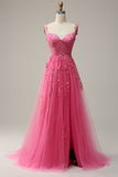A Line Off the Shoulder Hot Pink Long Ball Dress with Appliques