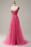 A Line Off the Shoulder Hot Pink Long Ball Dress with Appliques