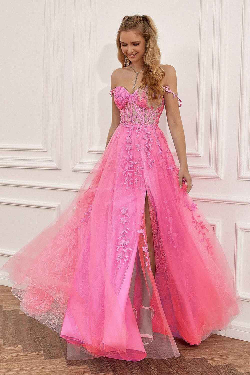 Purple Off the Shoulder Long Ball Dress with Appliques
