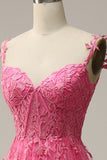 A Line Off the Shoulder Hot Pink Long Ball Dress with Appliques