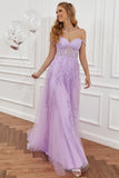 A Line Off the Shoulder Hot Pink Long Ball Dress with Appliques