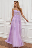 Purple Off the Shoulder Long Ball Dress with Appliques