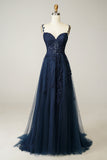 Navy Blue Sweetheart Empire Long Ball Dress with Appliques