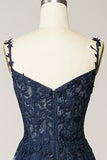 Navy Blue Sweetheart Empire Long Ball Dress with Appliques