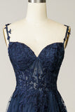 Navy Blue Sweetheart Empire Long Ball Dress with Appliques
