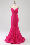 Bling Mermaid Sweetheart Hot Pink Sequins Long Ball Dress