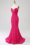 Bling Mermaid Sweetheart Hot Pink Sequins Long Ball Dress
