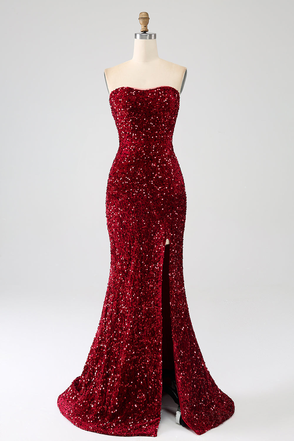Red Strapless Sequins Long Mermaid Ball Dress With Slit