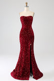Red Strapless Sequins Long Mermaid Ball Dress With Slit