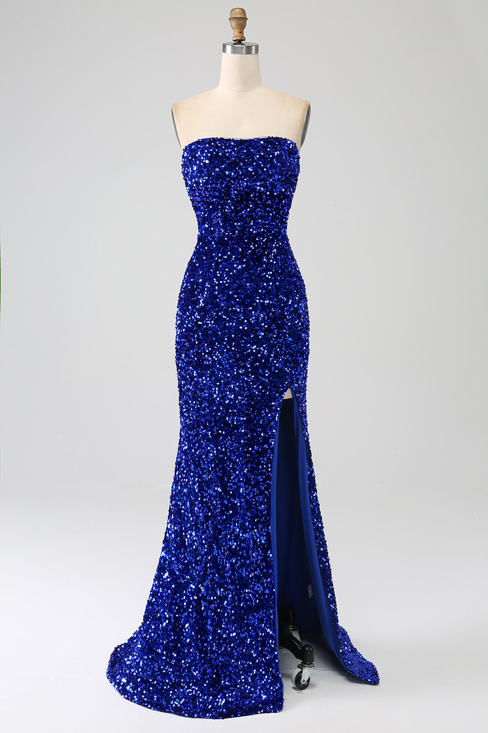 Royal Blue Mermaid Strapless Sequins Long Ball Dress With Slit