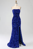 Red Strapless Sequins Long Mermaid Ball Dress With Slit