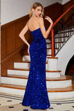 Mermaid Strapless Sequins Long Royal Blue Ball Dress With Slit