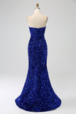 Royal Blue Mermaid Strapless Sequins Long Ball Dress With Slit