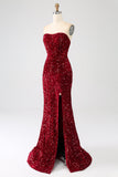 Red Strapless Sequins Long Mermaid Ball Dress With Slit
