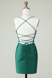 Sheath Spaghetti Straps Dark Green Short Cocktail Dress with Beading