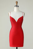 Sheath Spaghetti Straps Dark Green Short Cocktail Dress with Beading