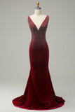Mermaid Deep V Neck Burgundy Long Ball Dress with Beading