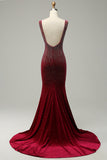 Mermaid Deep V Neck Burgundy Long Ball Dress with Beading