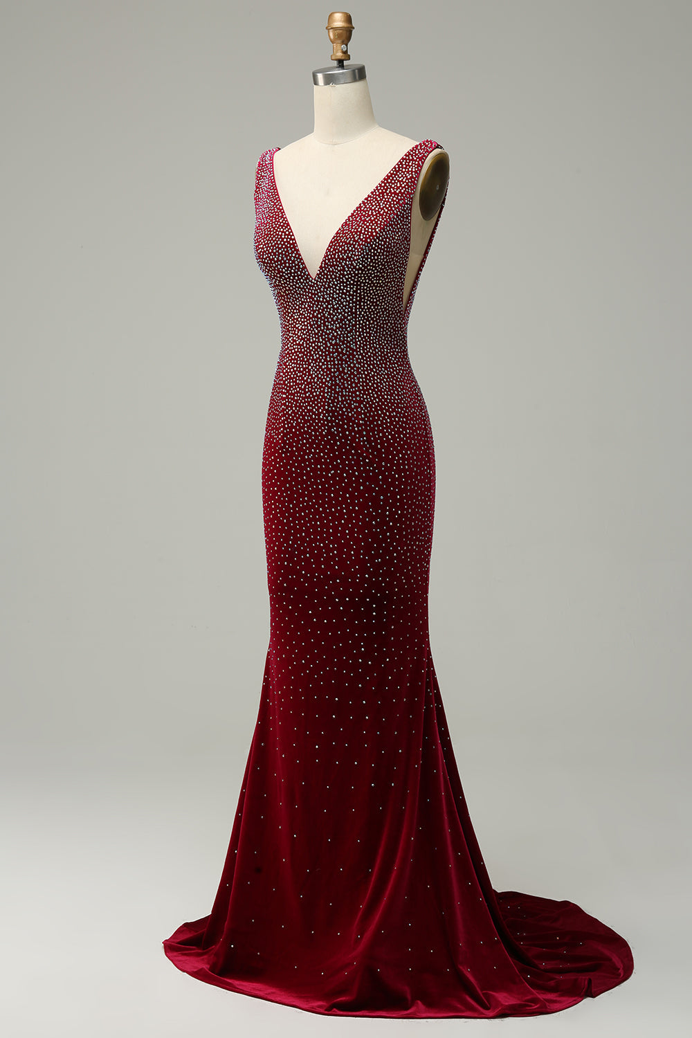 Mermaid Deep V Neck Burgundy Long Ball Dress with Beading