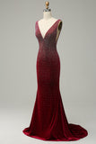 Mermaid Deep V Neck Burgundy Long Ball Dress with Beading