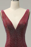 Mermaid Deep V Neck Burgundy Long Ball Dress with Beading