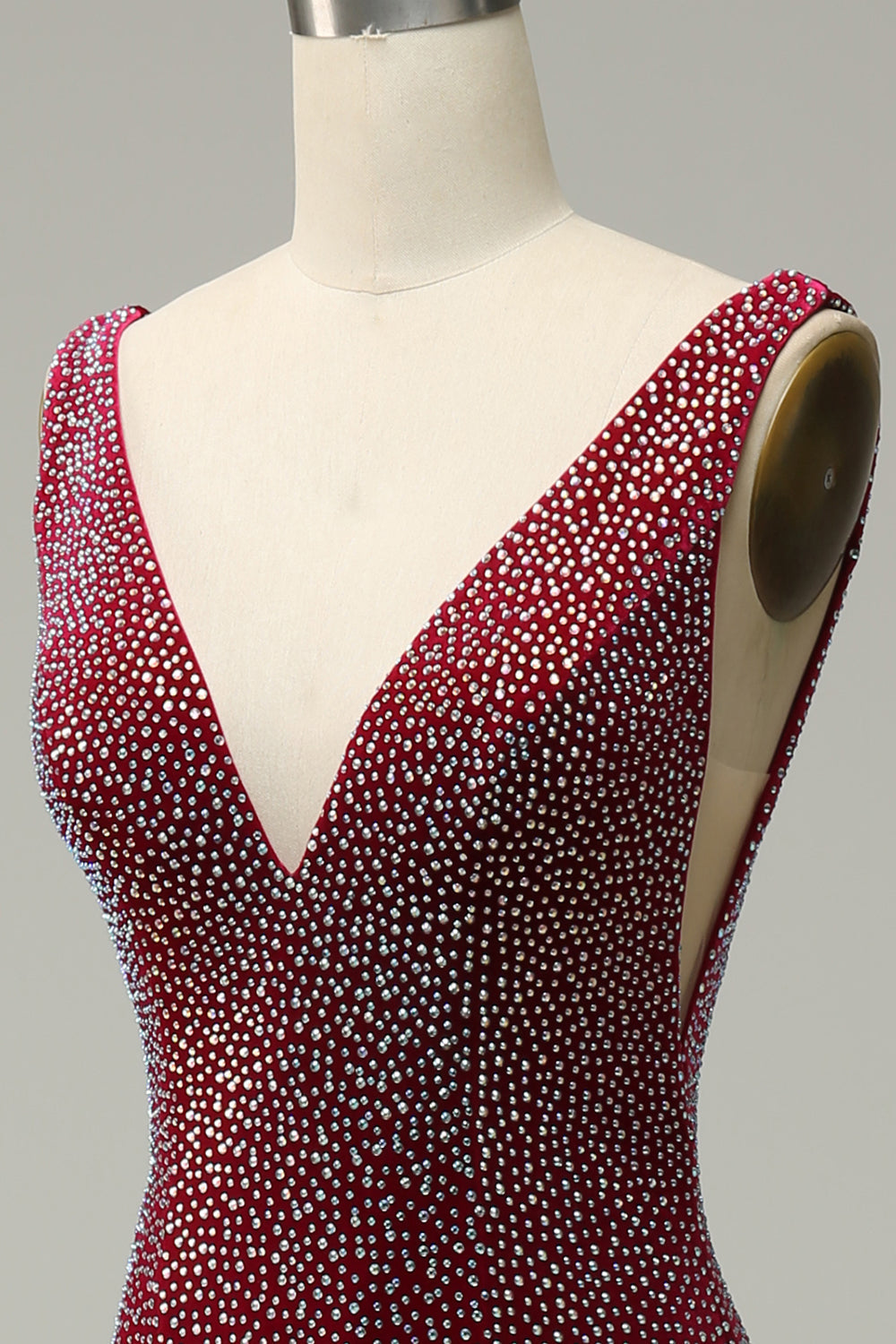Mermaid Deep V Neck Burgundy Long Ball Dress with Beading