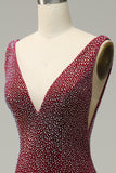 Mermaid Deep V Neck Burgundy Long Ball Dress with Beading