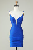 Bodycon Deep V Neck Royal Blue Short Cocktail Dress with Beading